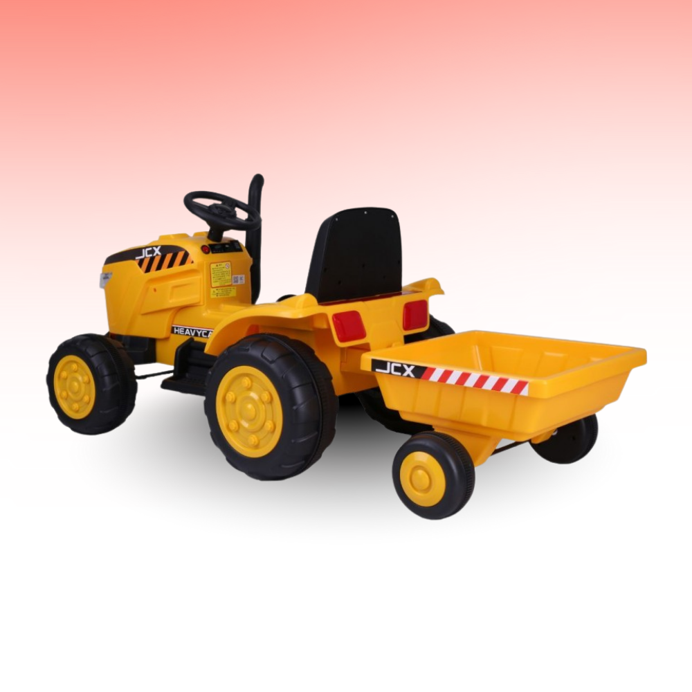 Yellow toy tractor with a black seat on a white background