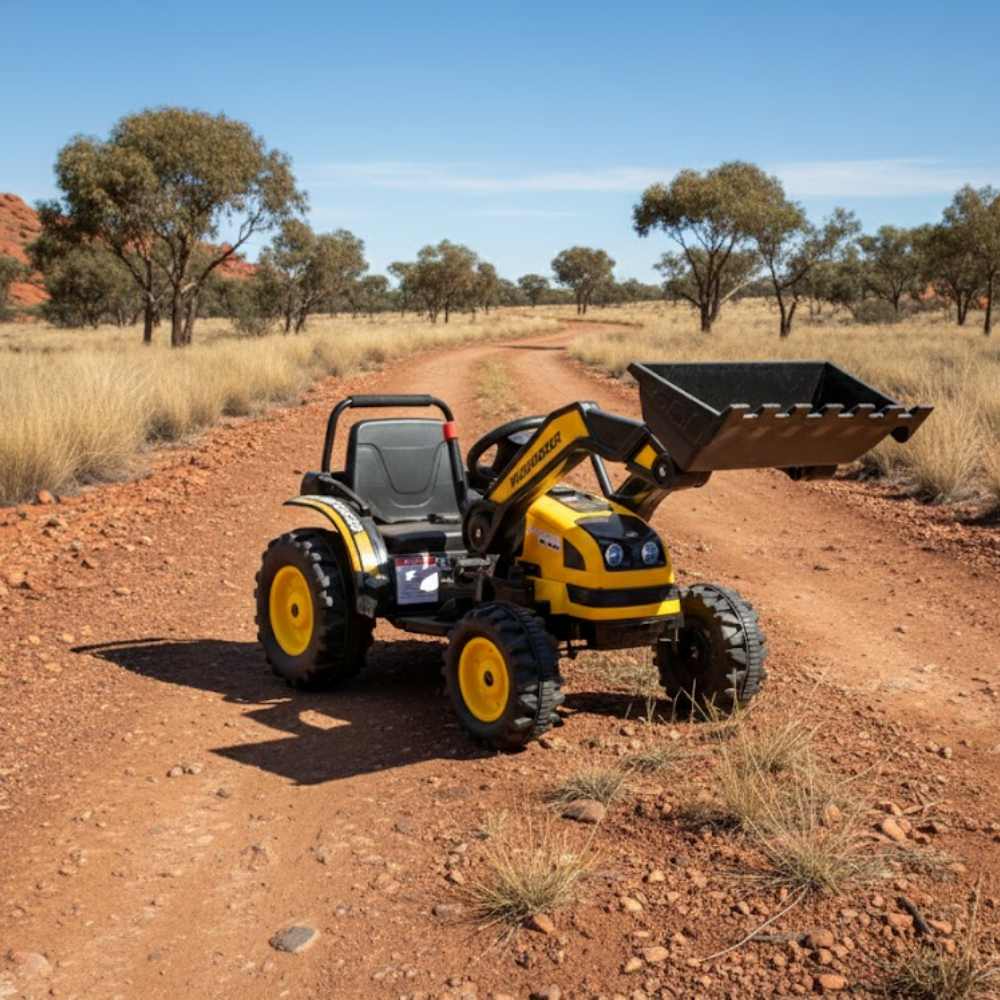 Yellow and black toy tractor on a dirt road in a desert landscape
