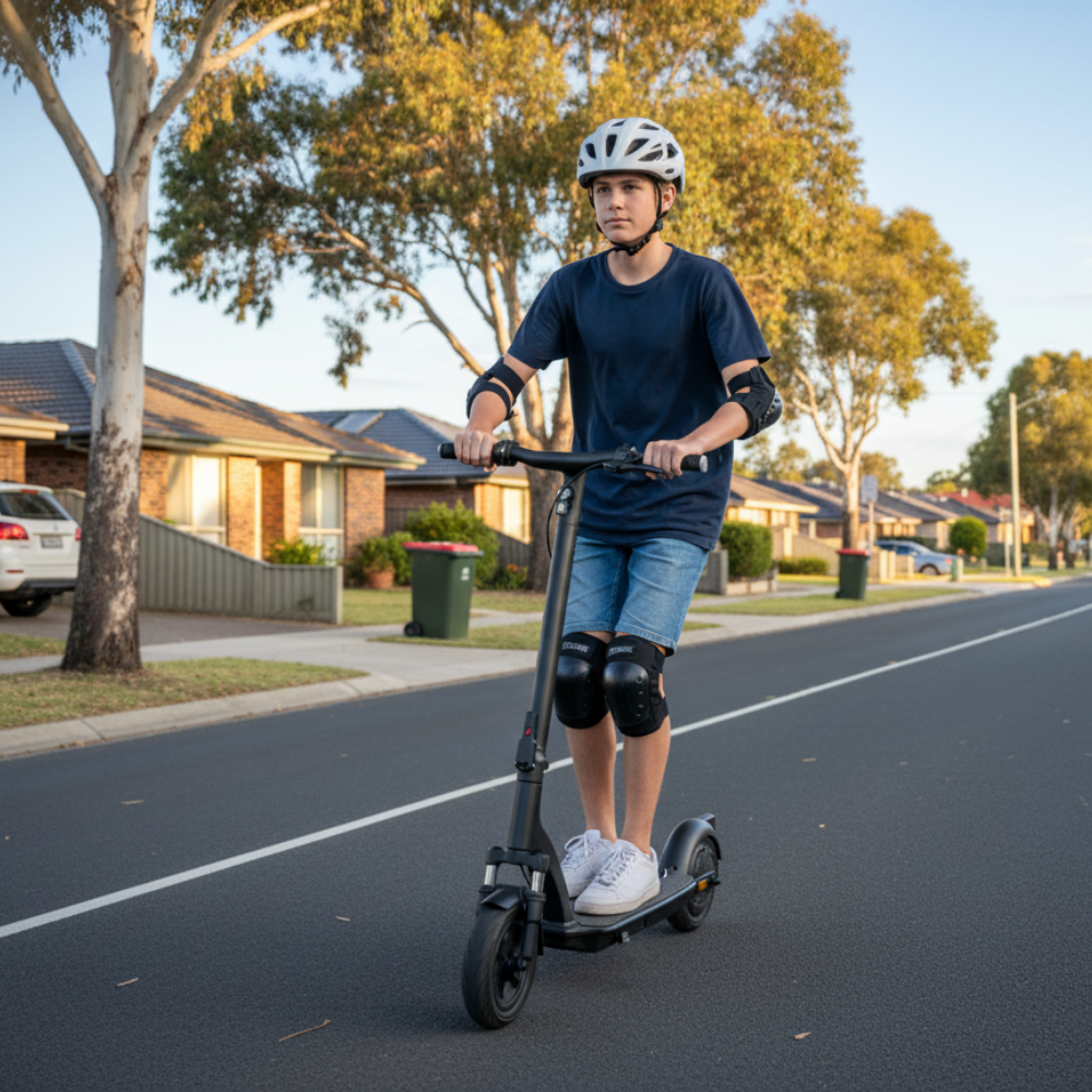 Person riding a scooter on a suburban street with trees and houses in the background