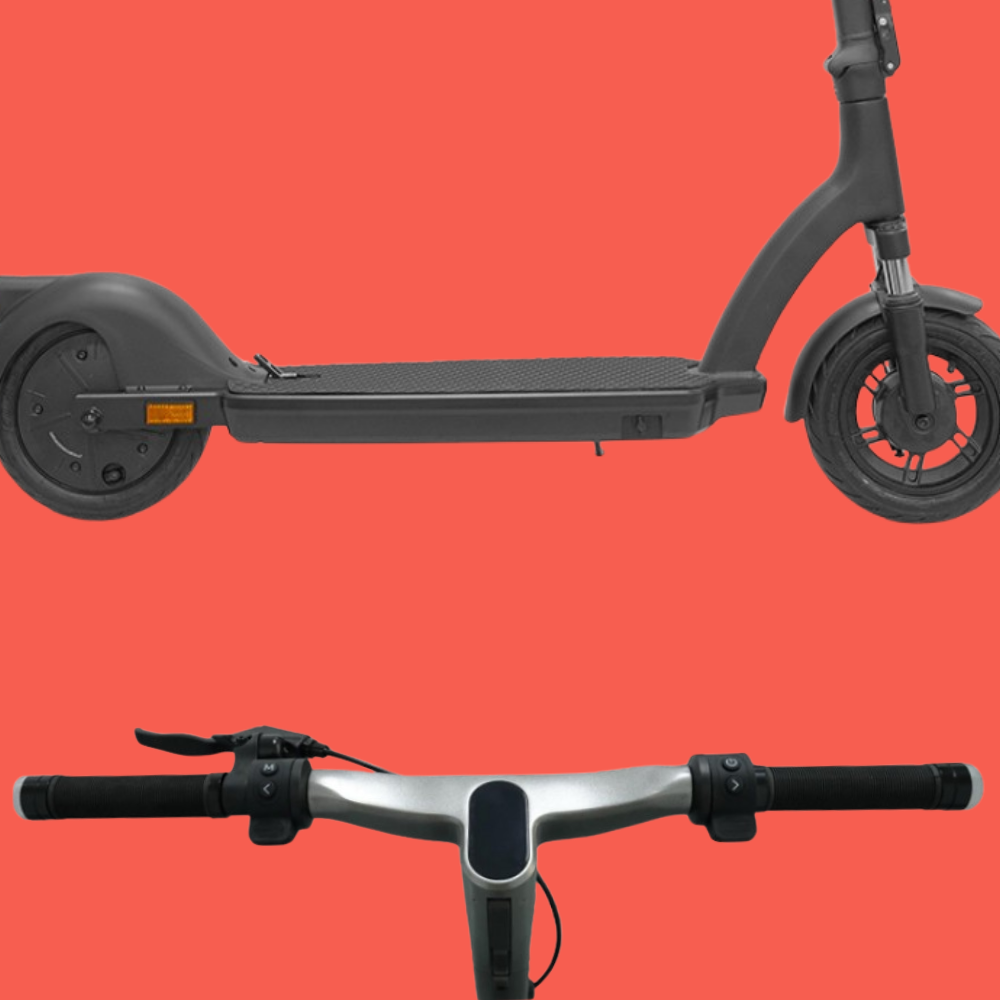 Two views of a scooter on a red background