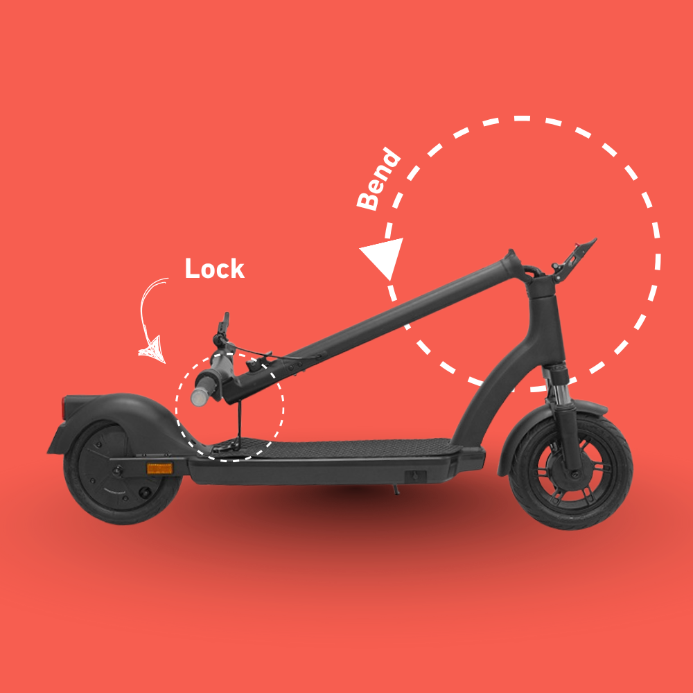 Black electric scooter on an orange background with labeled parts.