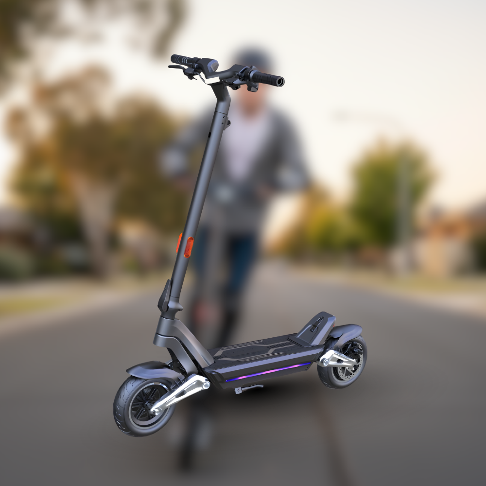 Electric scooter on a blurred background of a person riding a bike