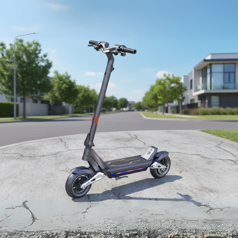 Electric scooter on a cracked pavement with a clear sky and buildings in the background