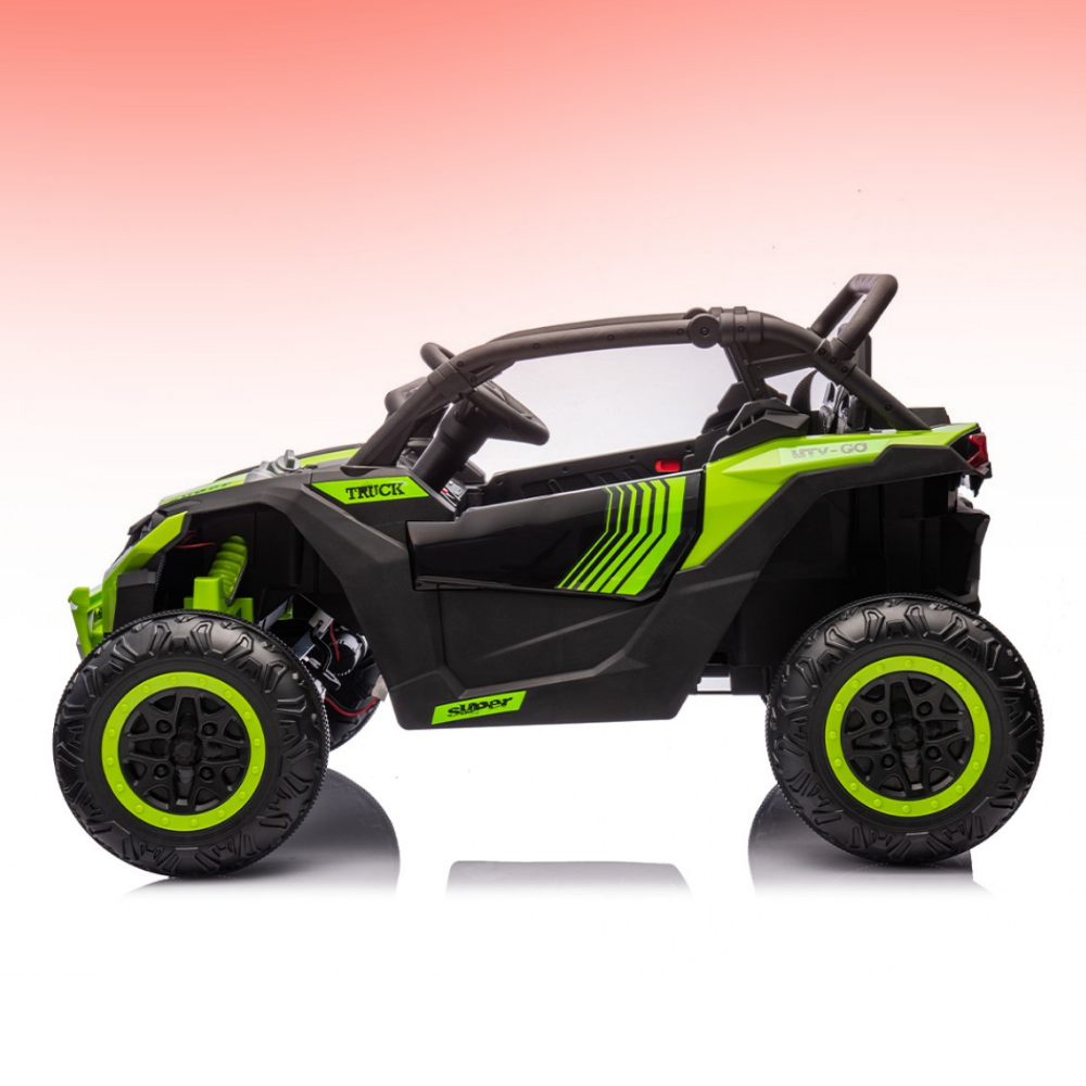 Toy off-road vehicle with green accents on a gradient background