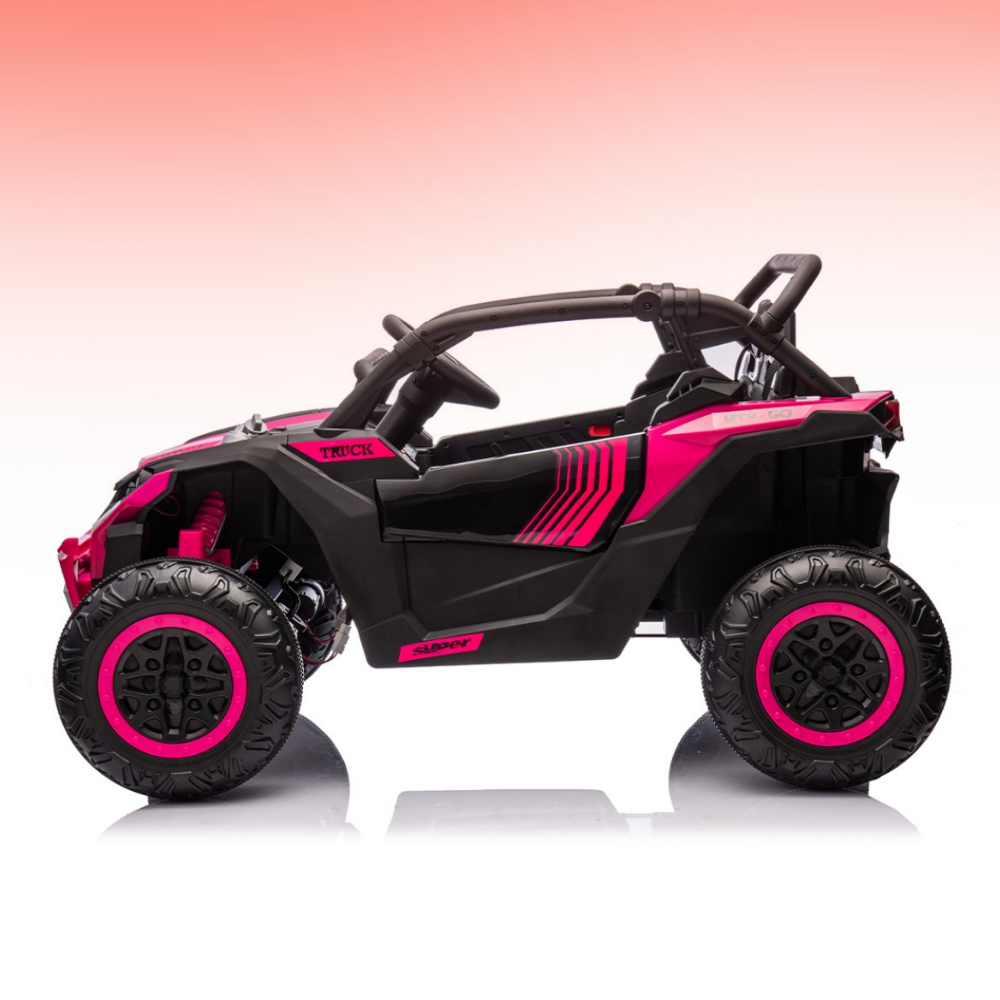 Toy off-road vehicle with pink accents on a gradient background