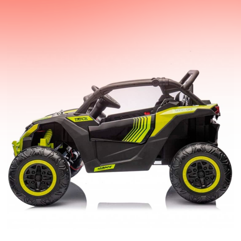 Toy off-road vehicle with black and yellow design on a gradient background
