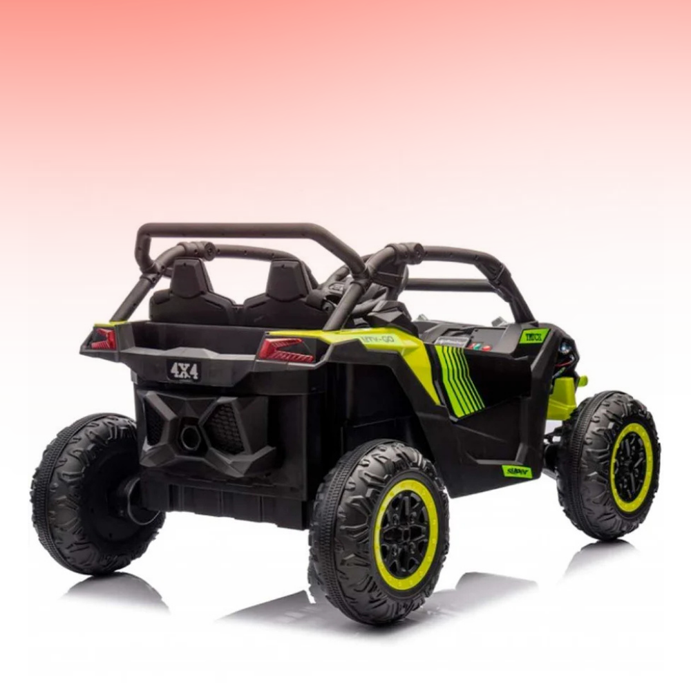 Toy off-road vehicle with black and green design on a gradient background