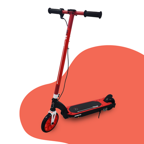 Main Product Image: A vibrant red electric scooter with black handlebars, a black deck, and a white front wheel, displayed on a red and white background to emphasize its bold design.