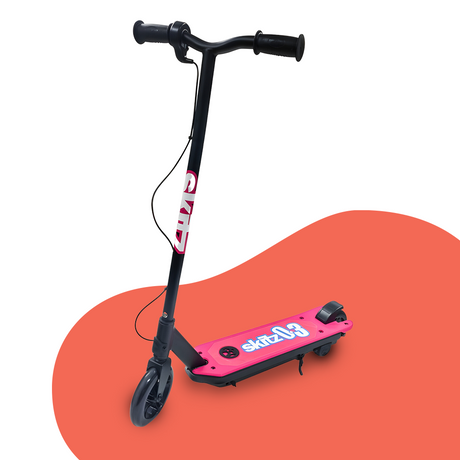 Side-Angle View: A side view of the scooter, showcasing its ergonomic structure, slim profile, and contrasting pink deck on a red background.