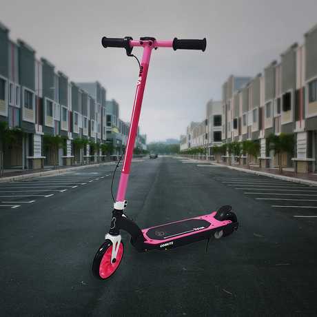 Main Product Image: A vibrant red electric scooter with black handlebars, a black deck, and a white front wheel, displayed on a red and white background to emphasize its bold design.