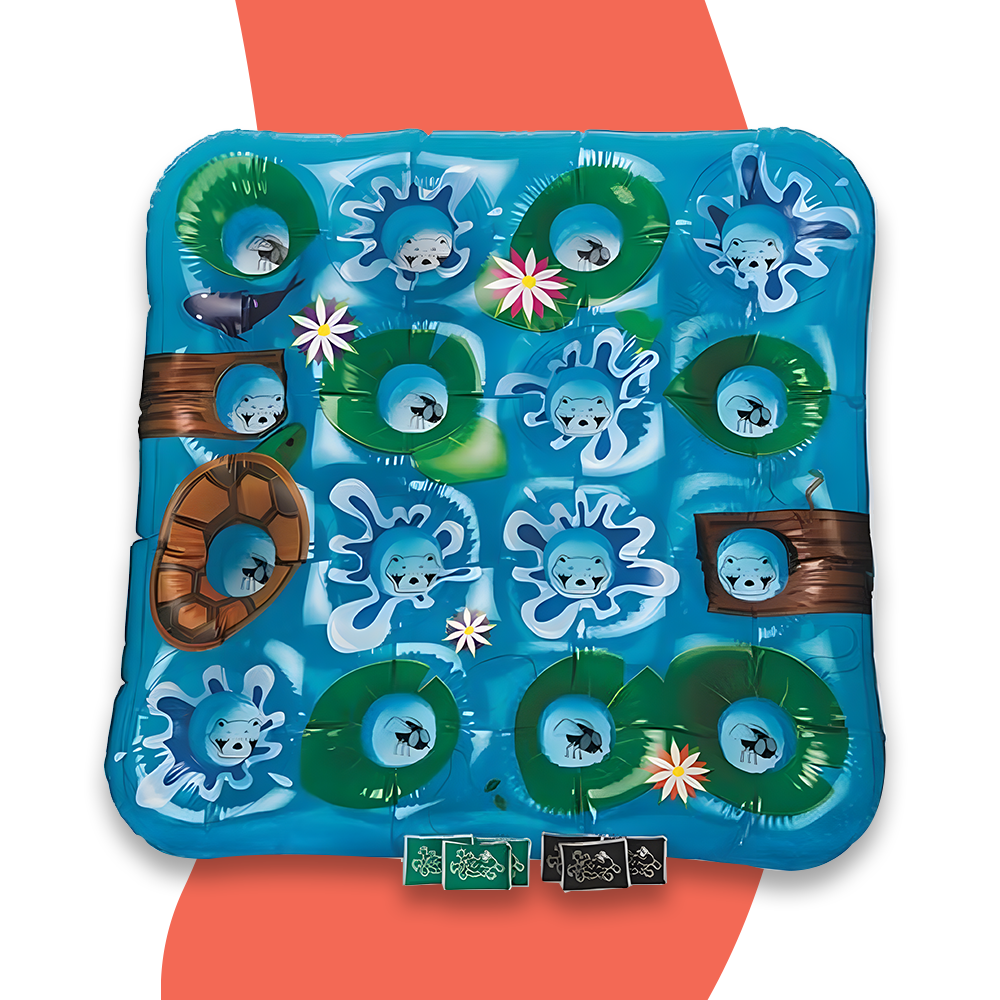An inflatable beanbag toss game with a frog pond theme. The game features blue water graphics with frogs, green lily pads, flowers, and various holes for beanbag toss. The game board is placed against a white and red background