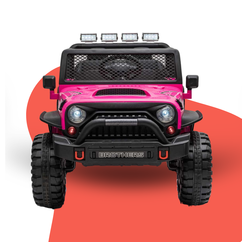 Pink and black toy jeep with 'Brothers' branding on a red and white background