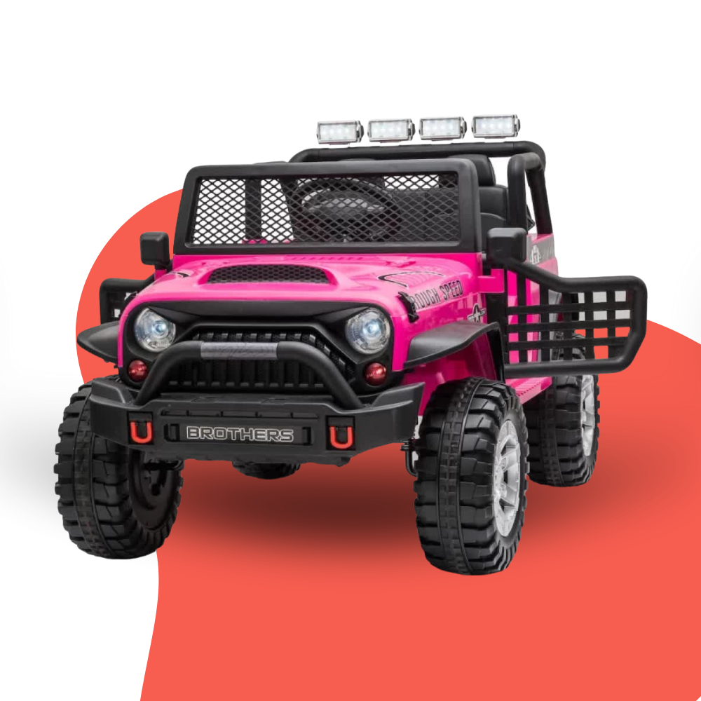 Pink toy truck with black accents on a red and white background