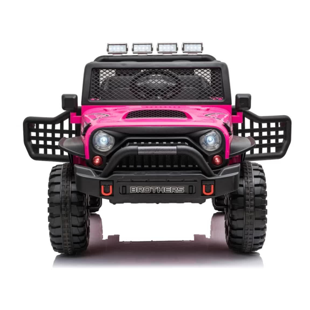 Pink toy truck with black accents on a white background