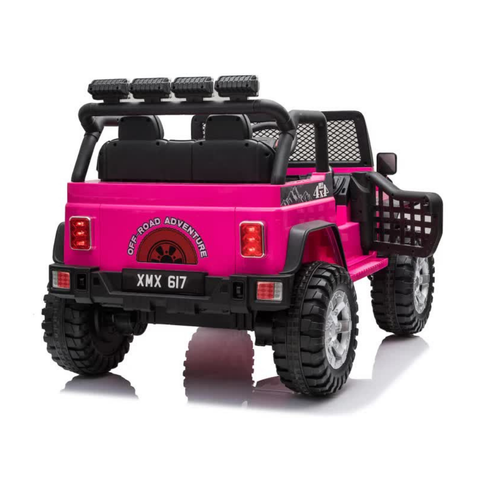 Pink toy jeep with black accents on a white background