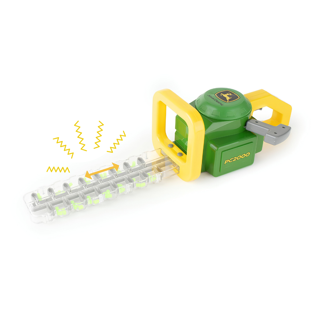 A green and yellow John Deere toy hedge trimmer with a clear blade, shown on a white background with yellow graphic wave lines indicating vibration.