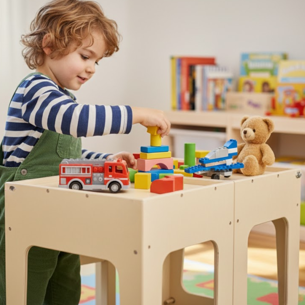 Child playing with toys at a wooden table in a room with books and a teddy bear.