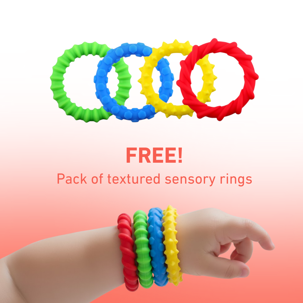 Colourful textured sensory rings with a hand wearing them on a gradient background