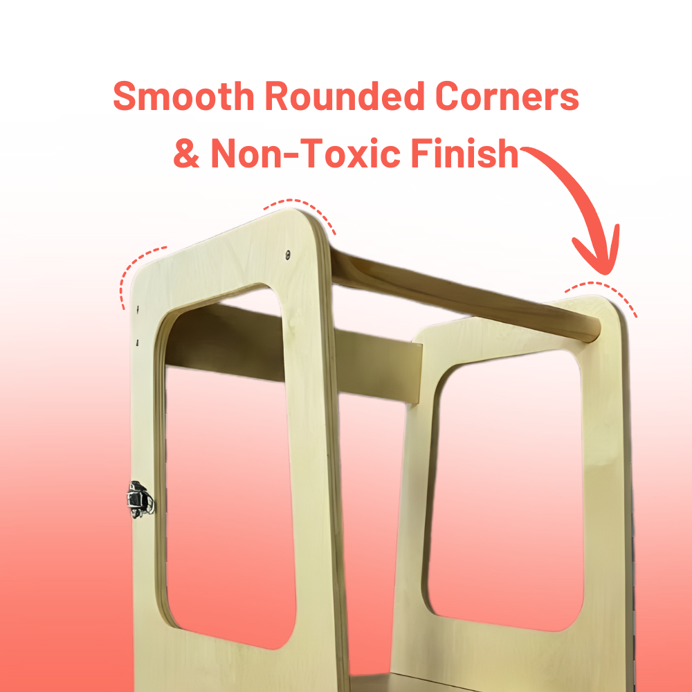 Wooden product with smooth rounded corners and non-toxic finish on a gradient background