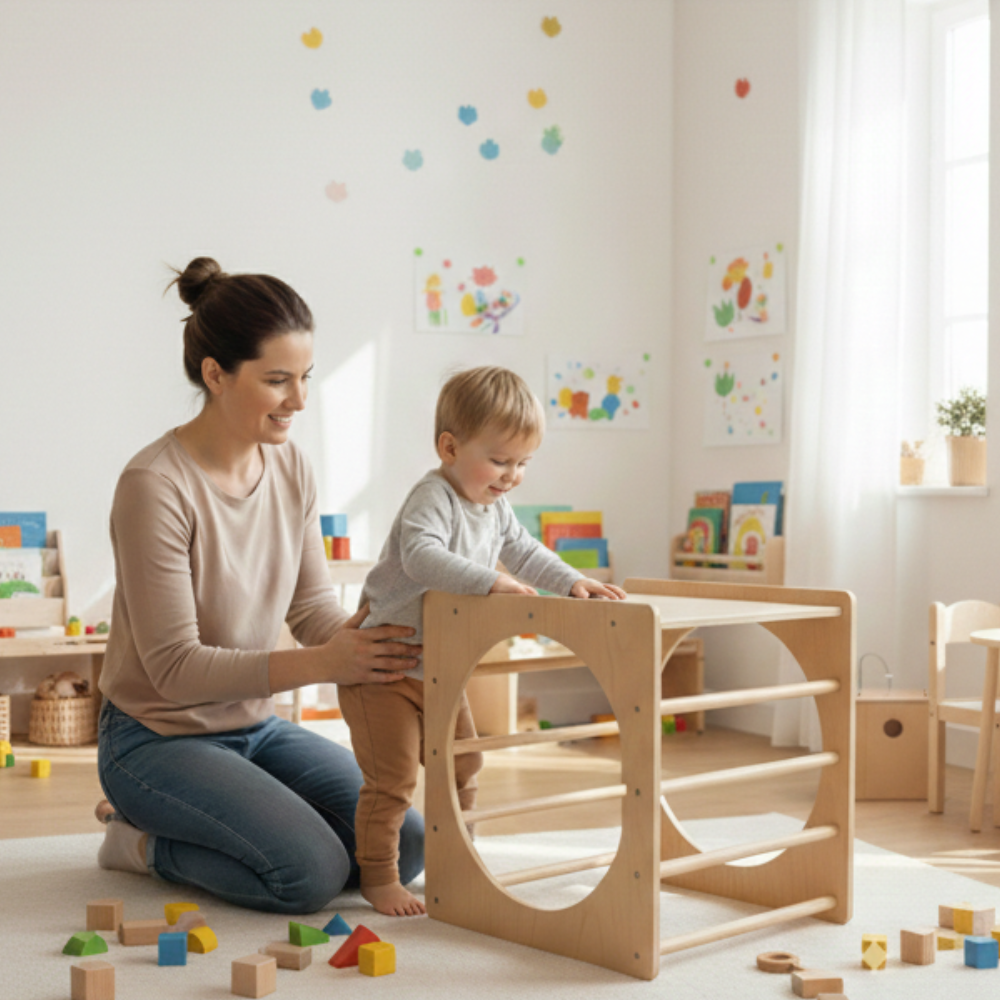 Woman and child playing with a wooden toy in a bright, colourful room.