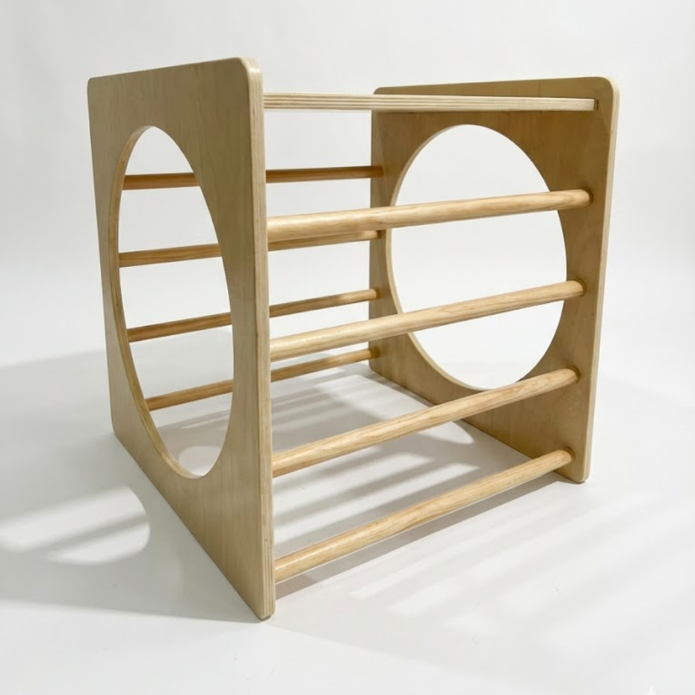 Wooden baby seat with circular design on a white background