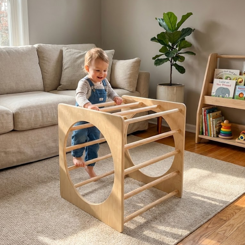 Child playing with a wooden climbing toy in a living room.