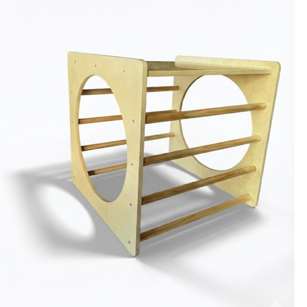 Wooden climbing frame for children on a white background