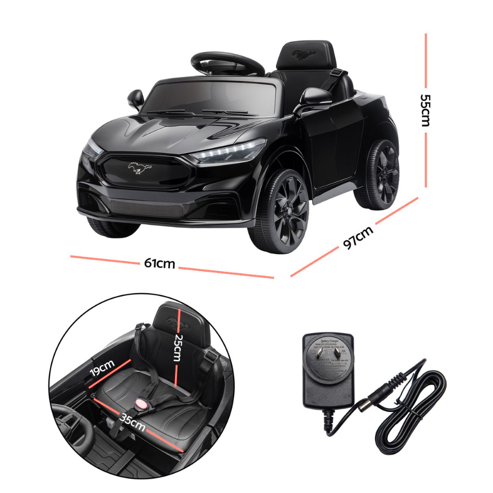 Black convertible kids' ride-on car shown on a white background with red dimension lines indicating overall measurements (61 cm wide, 97 cm long, 55 cm high) and a circular inset showing the seat dimensions. A power adapter and cord are also shown at the lower right.
