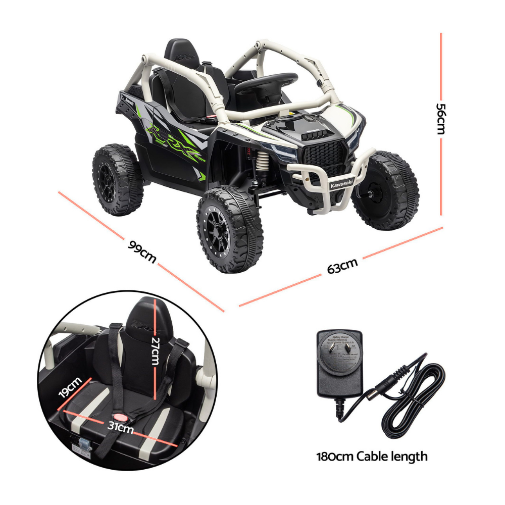 Black and gray toy UTV with white roll cage and green graphics, shown with dimension labels (99cm x 63cm x 56cm), a seat inset showing harness measurements, and a power adapter with 180cm cable length on a white background.