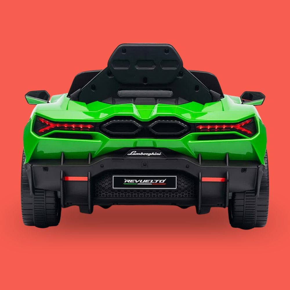 A green and black Lamborghini-style children's ride-on car shown from the rear on a solid coral-red background. The back features a glossy green body, black roll bar, red taillights, and a black rear bumper with a 'Revuelto' badge and 'Lamborghini' script.