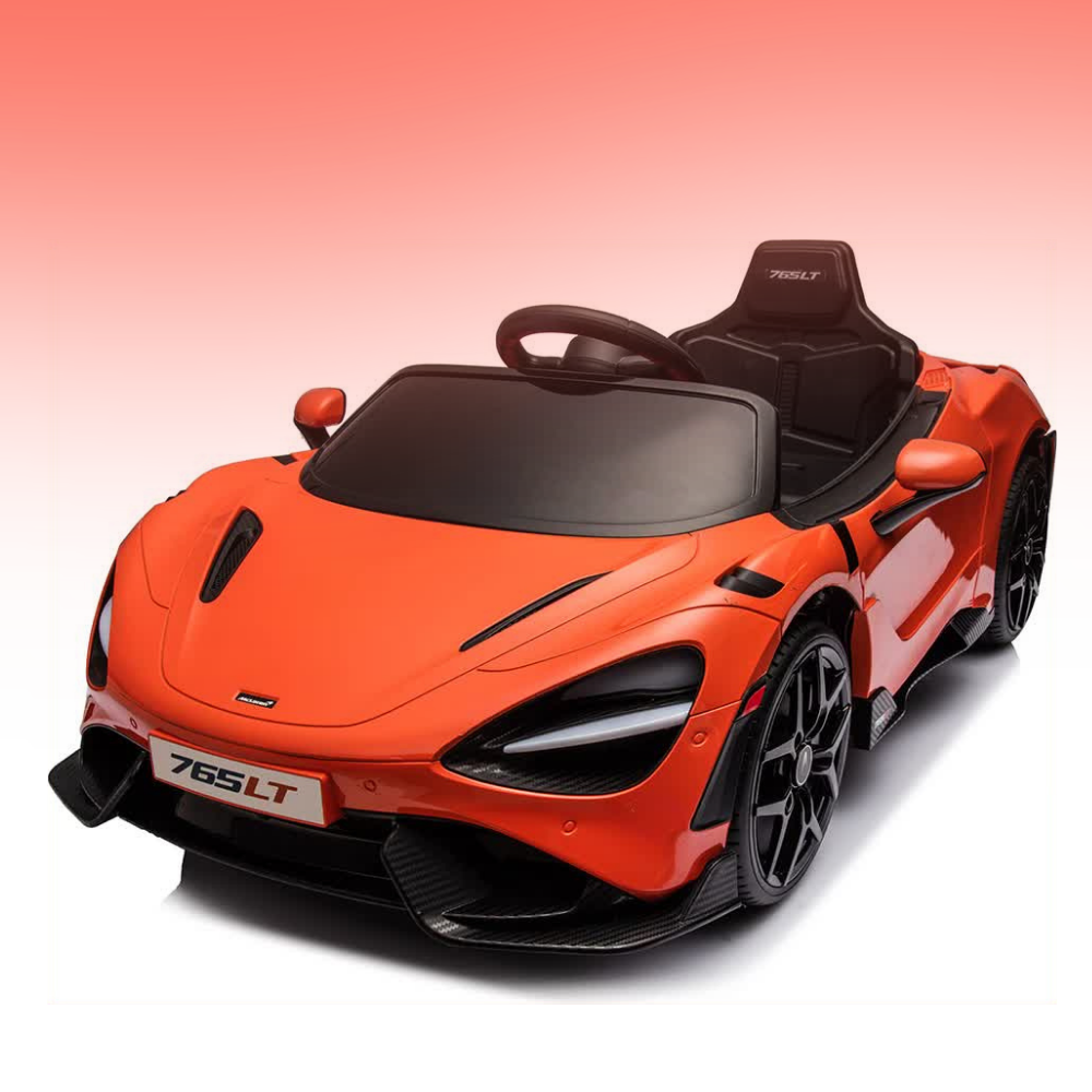 An orange and black toy sports car modeled after a McLaren 765LT, shown from a three-quarters front angle on a white background with a pink gradient sky.