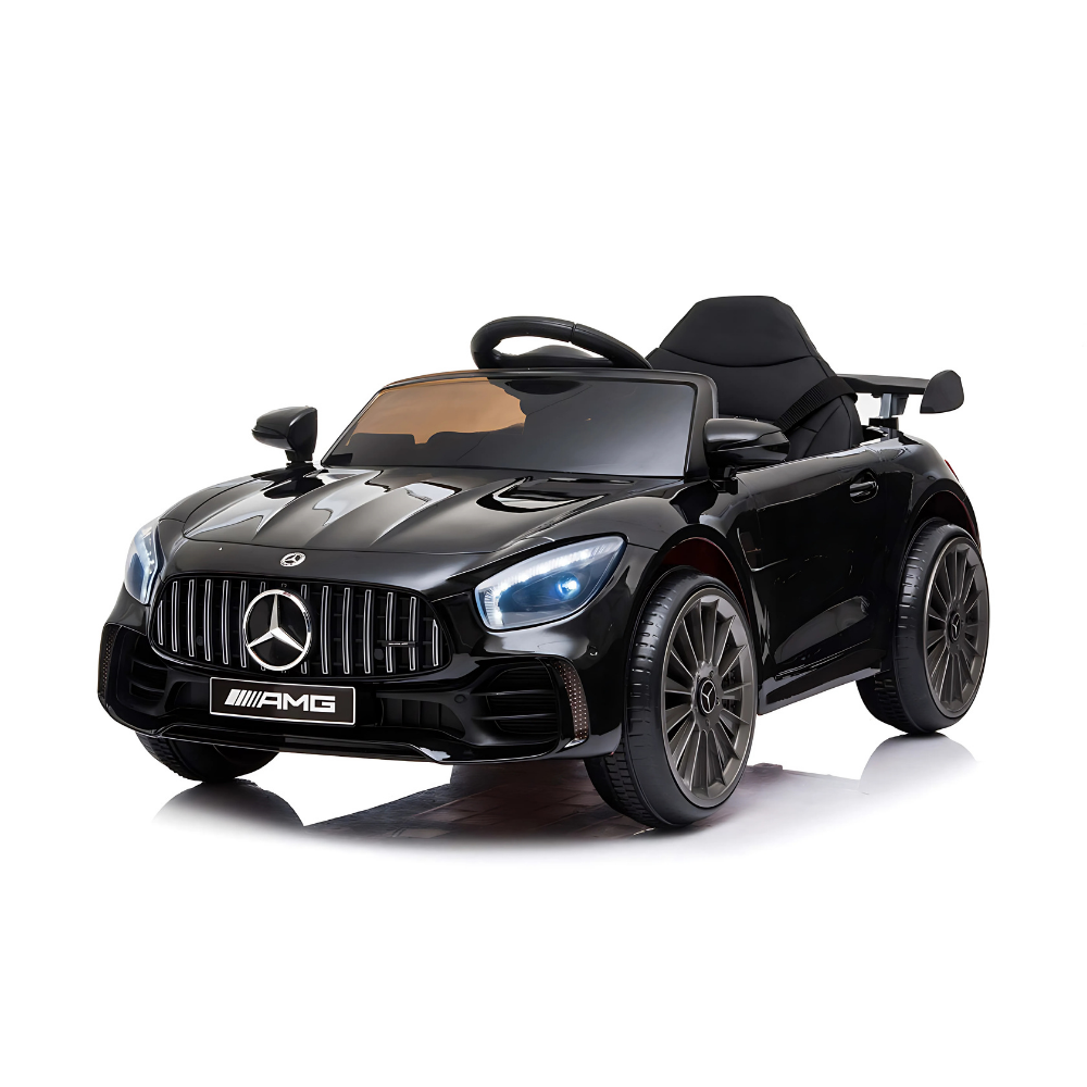 Black toy car with Mercedes-Benz logo on a white background