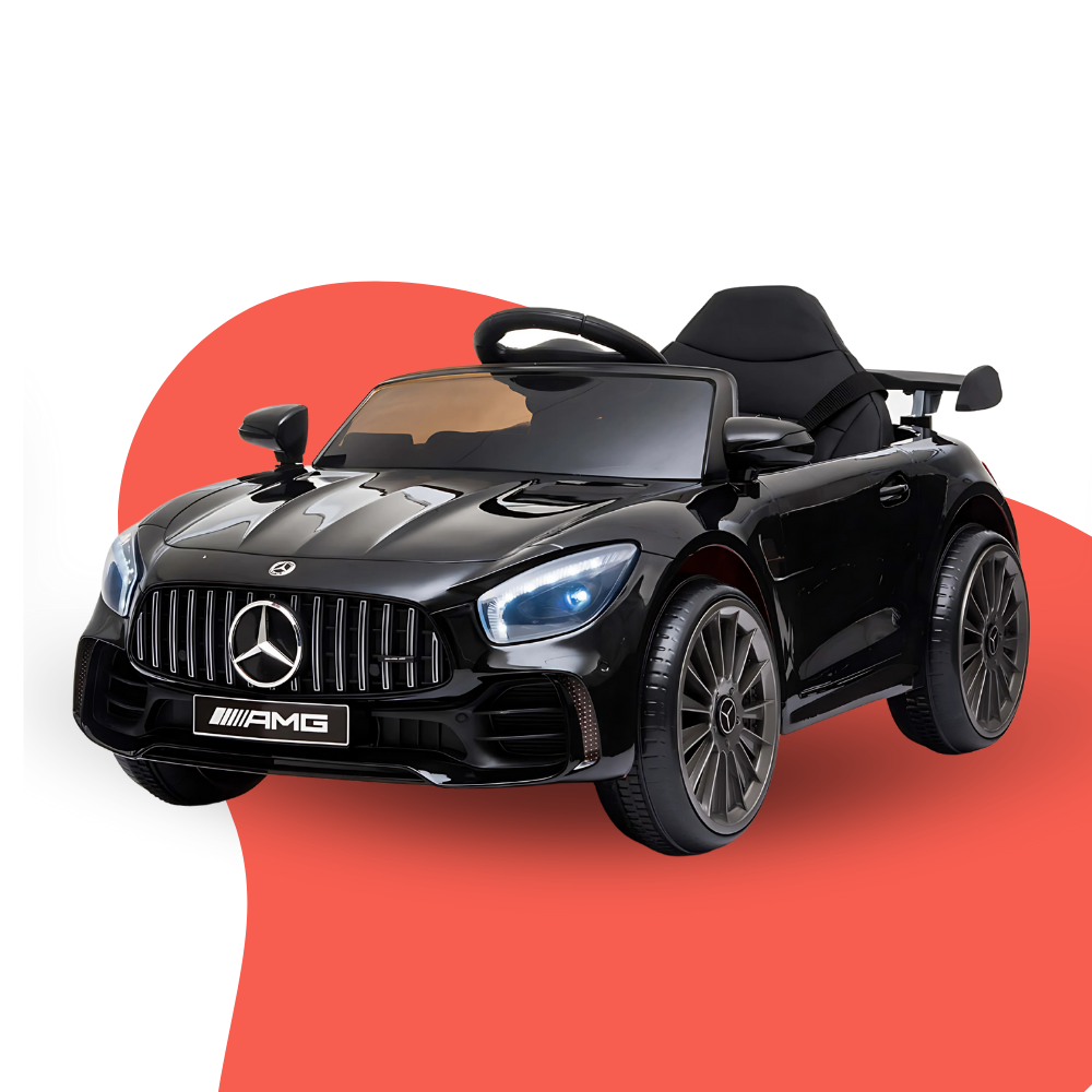 Black toy car with Mercedes-Benz logo on a red and white background