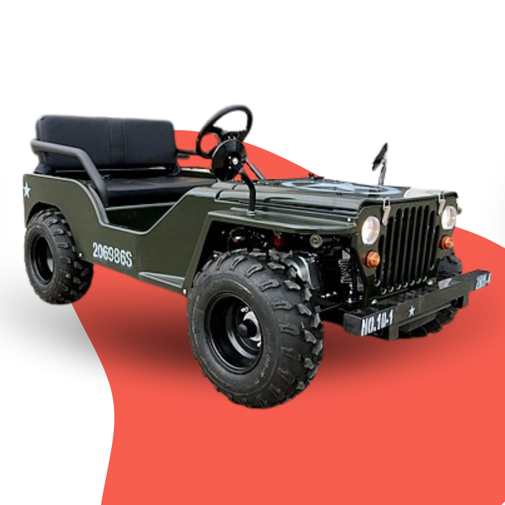 Green off-road vehicle on a red and white background