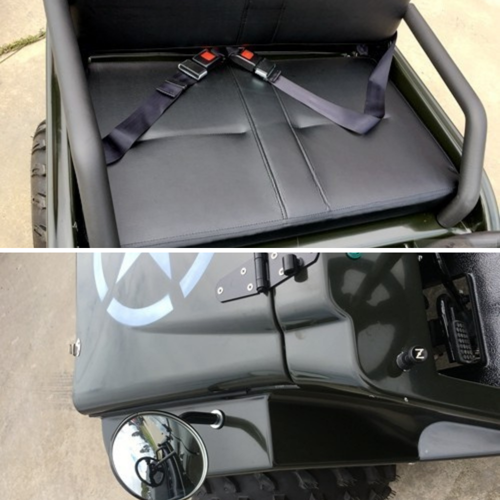 Collage of a seat with a seat belt and a close-up of a side mirror.