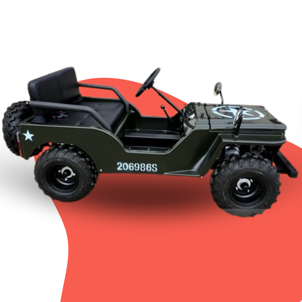 Small green off-road vehicle on a red and white background