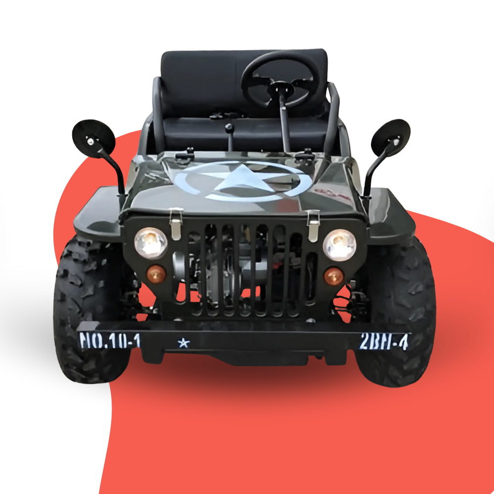 Model of a black off-road vehicle with a star emblem on a red and white background