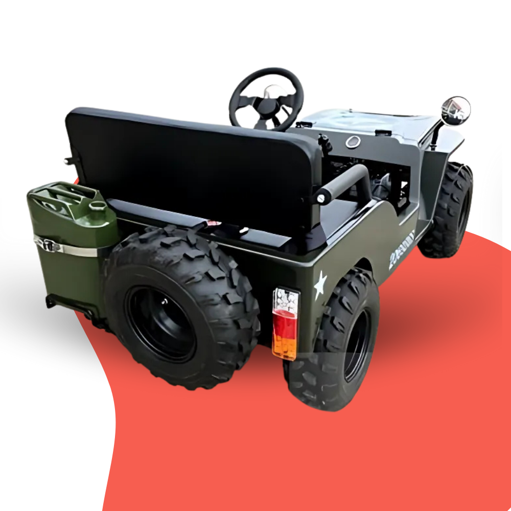 Model of a green off-road vehicle on a red and white background