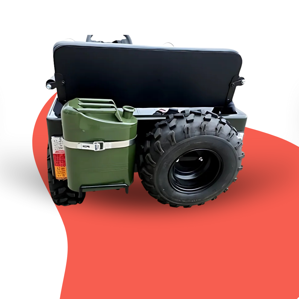 Small off-road vehicle with a green storage box on a red and white background