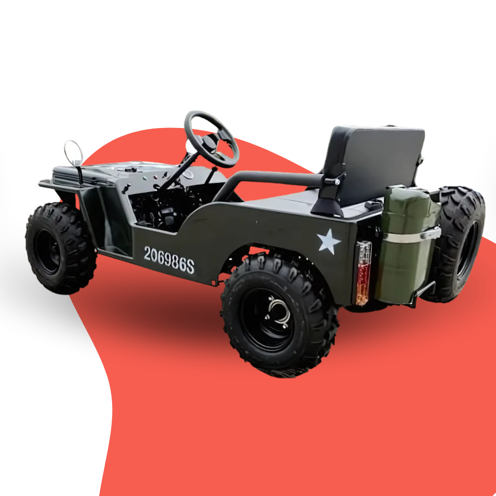 Model of a military-style vehicle on a red and white background