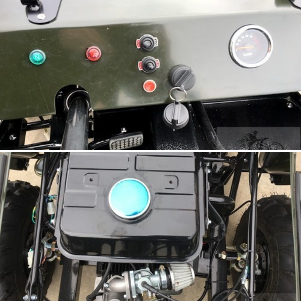 Control panel and engine compartment of a vehicle with various buttons and gauges.
