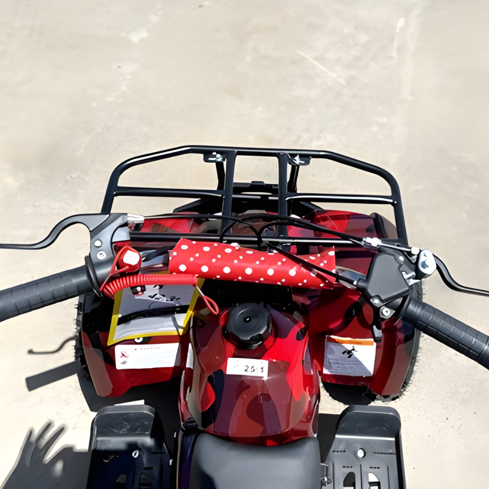 Red ATV with a black rack and red polka dot cover on a concrete surface