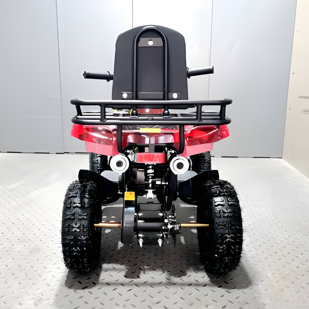 Red and black ATV on a white platform with a gray background