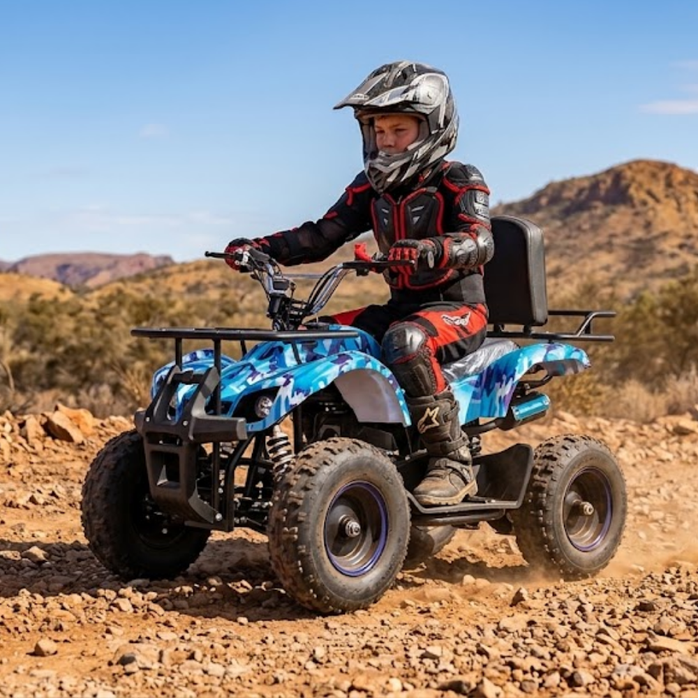 A child wearing a black, red, and gray motocross helmet and suit rides a blue and black quad bike on a rocky desert trail with mountains in the background.