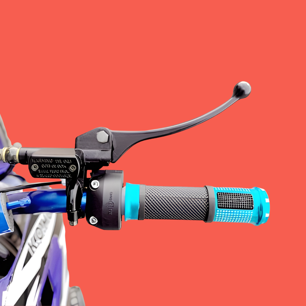 Close-up of a motorcycle handlebar with blue grips on a red background