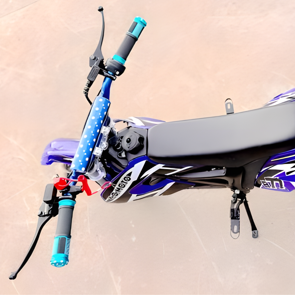 Close-up of a motorcycle handlebar with blue grips on a beige background