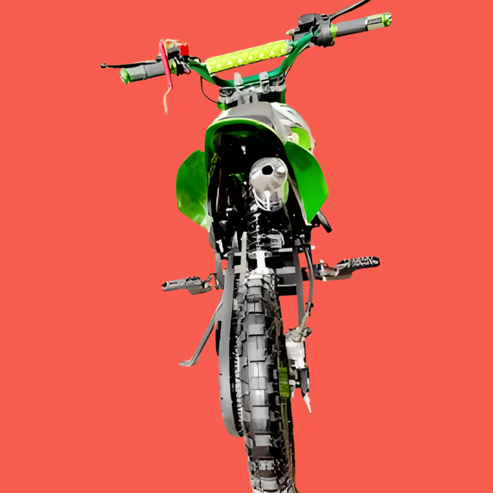 Green dirt bike on a red background