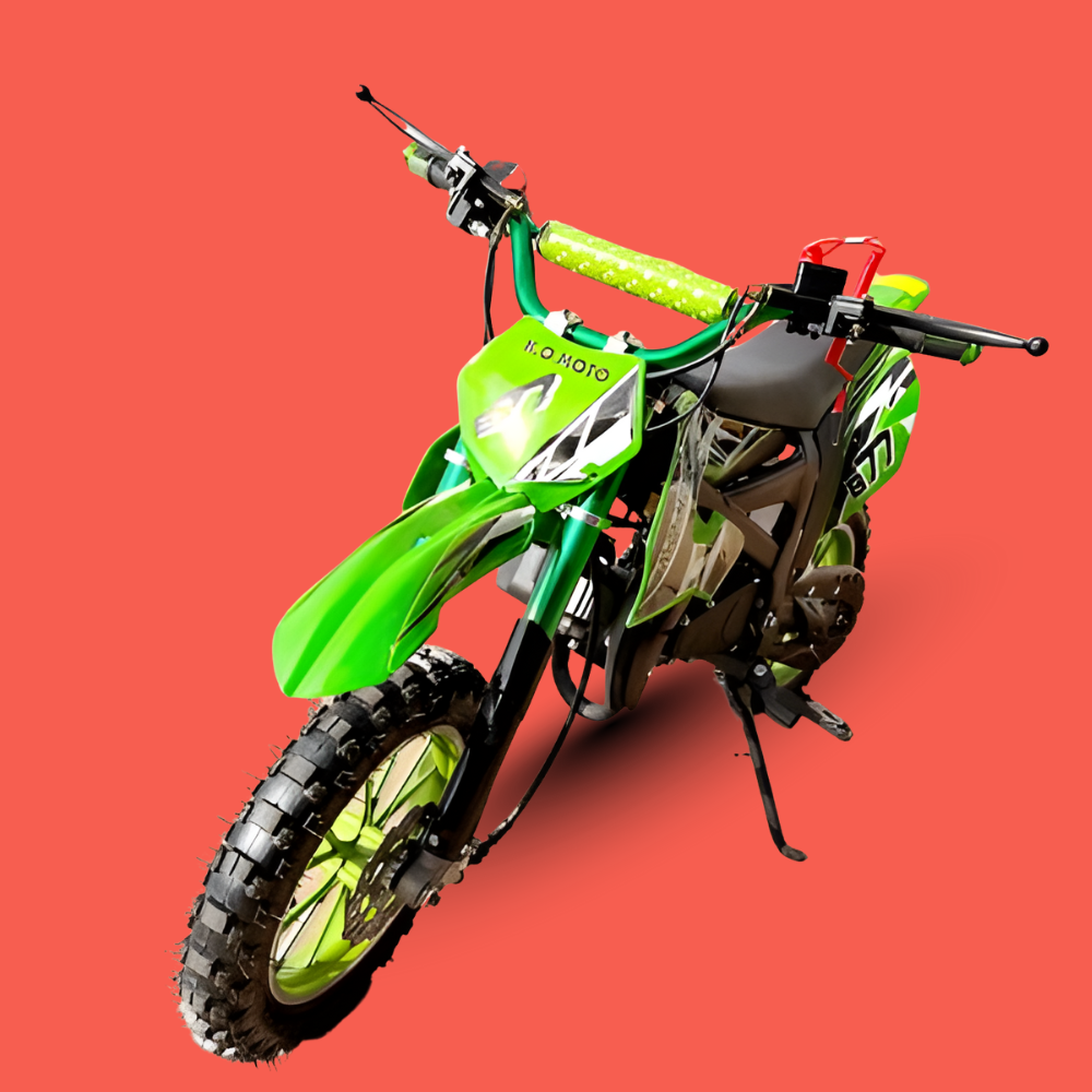 Green dirt bike on a red background