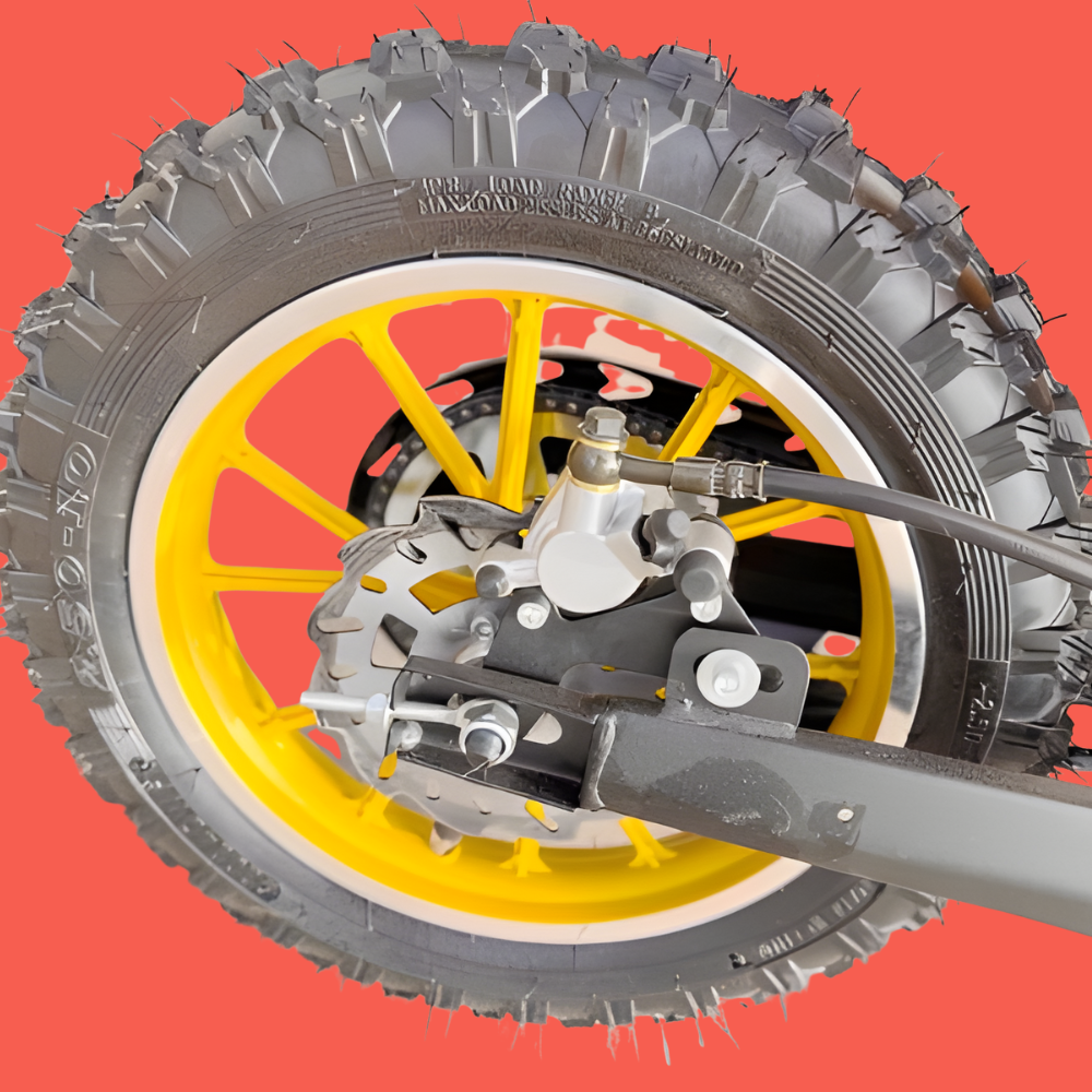 Close-up of a motorcycle wheel with a red background
