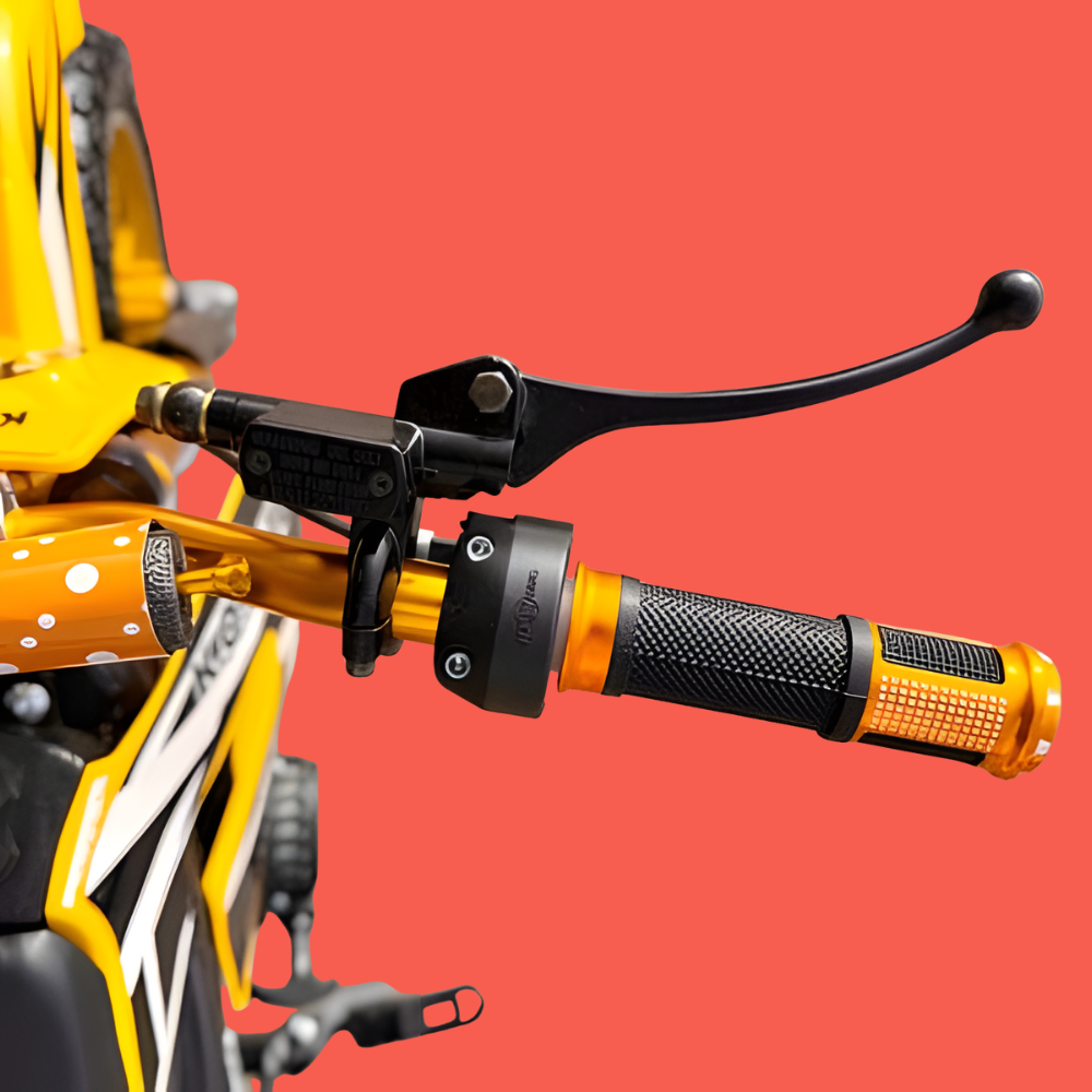 Close-up of motorcycle handlebar with orange grips and black brake lever on a red background